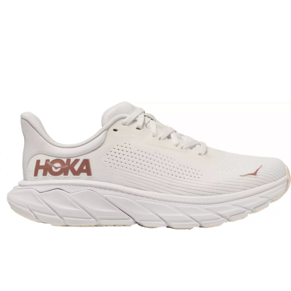 Hoka White and Tan Arahi 7 Athletic Sneakers